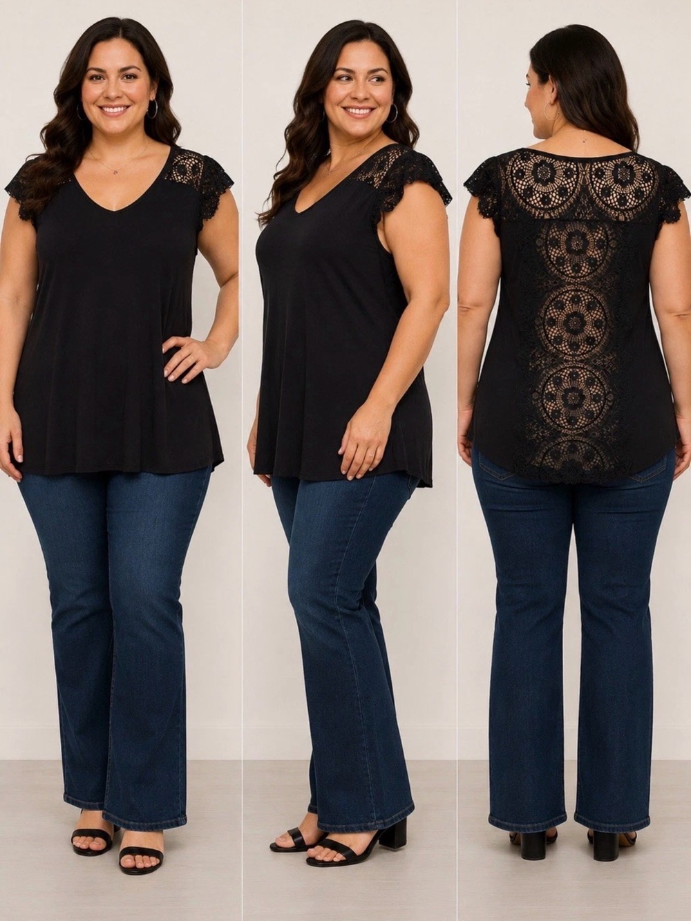 Modern Movement Black Lace Flutter Sleeve Top Womens Large Boho Stretch Blouse